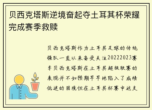 贝西克塔斯逆境奋起夺土耳其杯荣耀完成赛季救赎