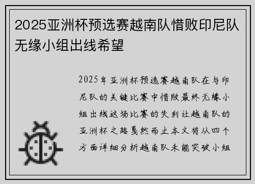 2025亚洲杯预选赛越南队惜败印尼队无缘小组出线希望 2025亚洲杯预选赛越南队惜败印尼队无缘小组出线希望