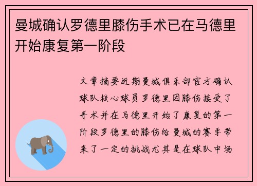 曼城确认罗德里膝伤手术已在马德里开始康复第一阶段 曼城确认罗德里膝伤手术已在马德里开始康复第一阶段